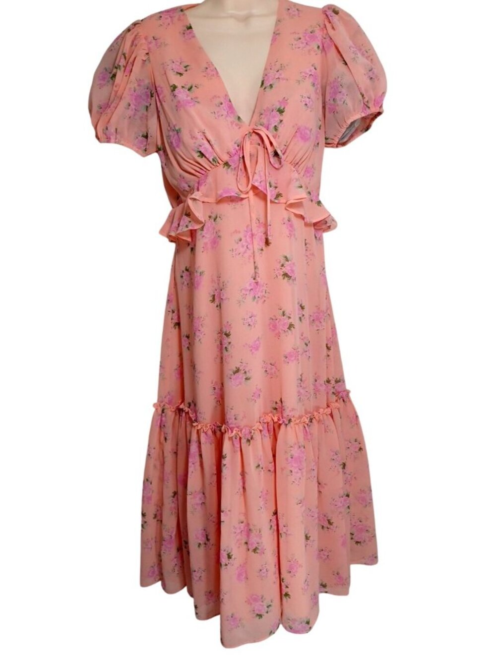 Loveshack Fancy Sz 6 Pink Rose Floral Chiffon Dress Cottage Core Boho Coquette - Picture 4 of 13